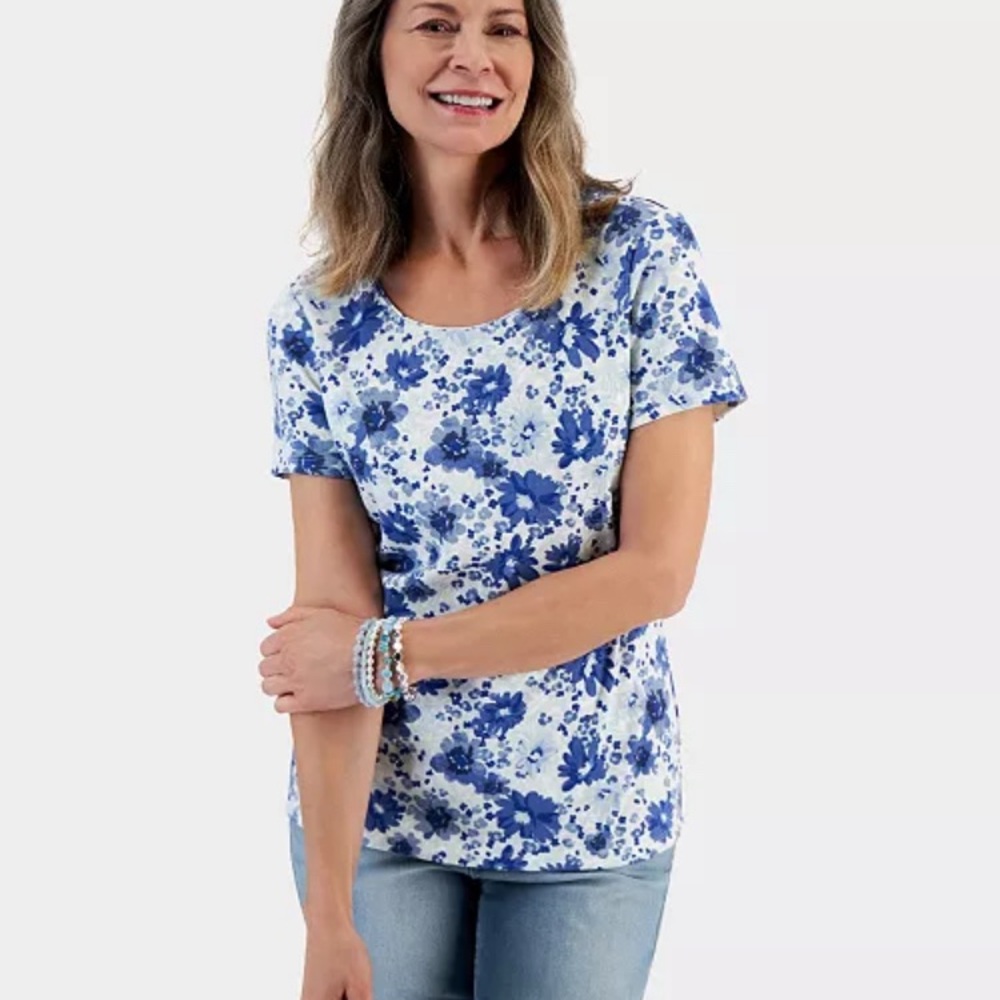 Style & Co Floral Blue Short Sleeve Women's Top